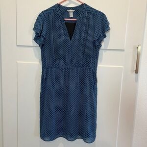 H&M Turquoise Blue Shell Print Dress Womens 14 Short Sleeve Elastic Waist Casual